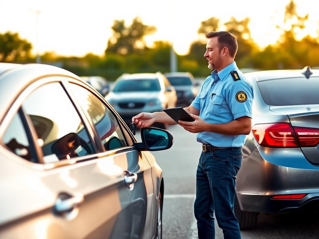 Customer handing car keys to a rental agent at the return lot