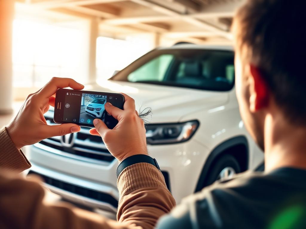 Traveler photographing the front of a white rental SUV with a phone