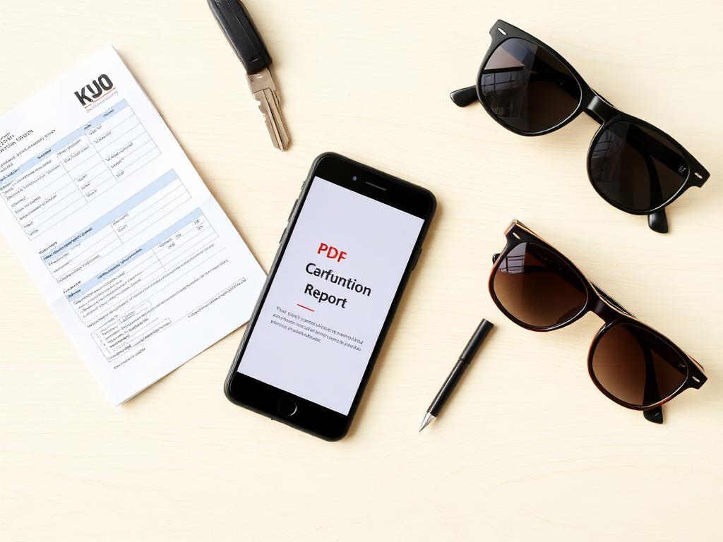 Phone showing a PDF vehicle condition report next to receipts and keys